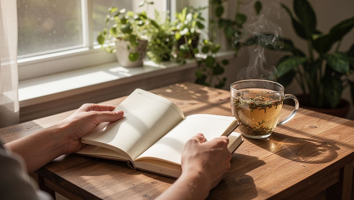 Hands hold open journal on wooden table by sunlit window, pen and steaming tea cup nearby, plants in background.