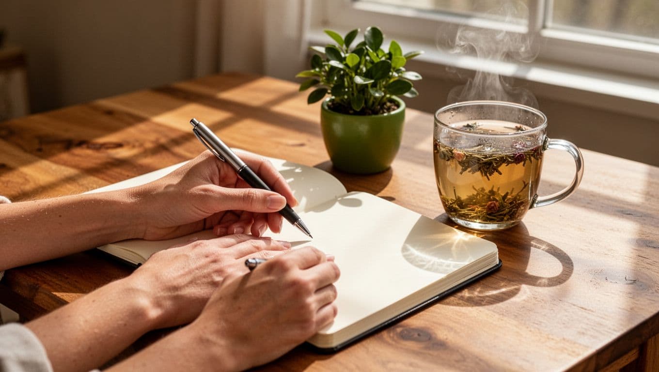 Hands writing in open journal on wooden table beside steaming herbal tea and green plant in morning light.
