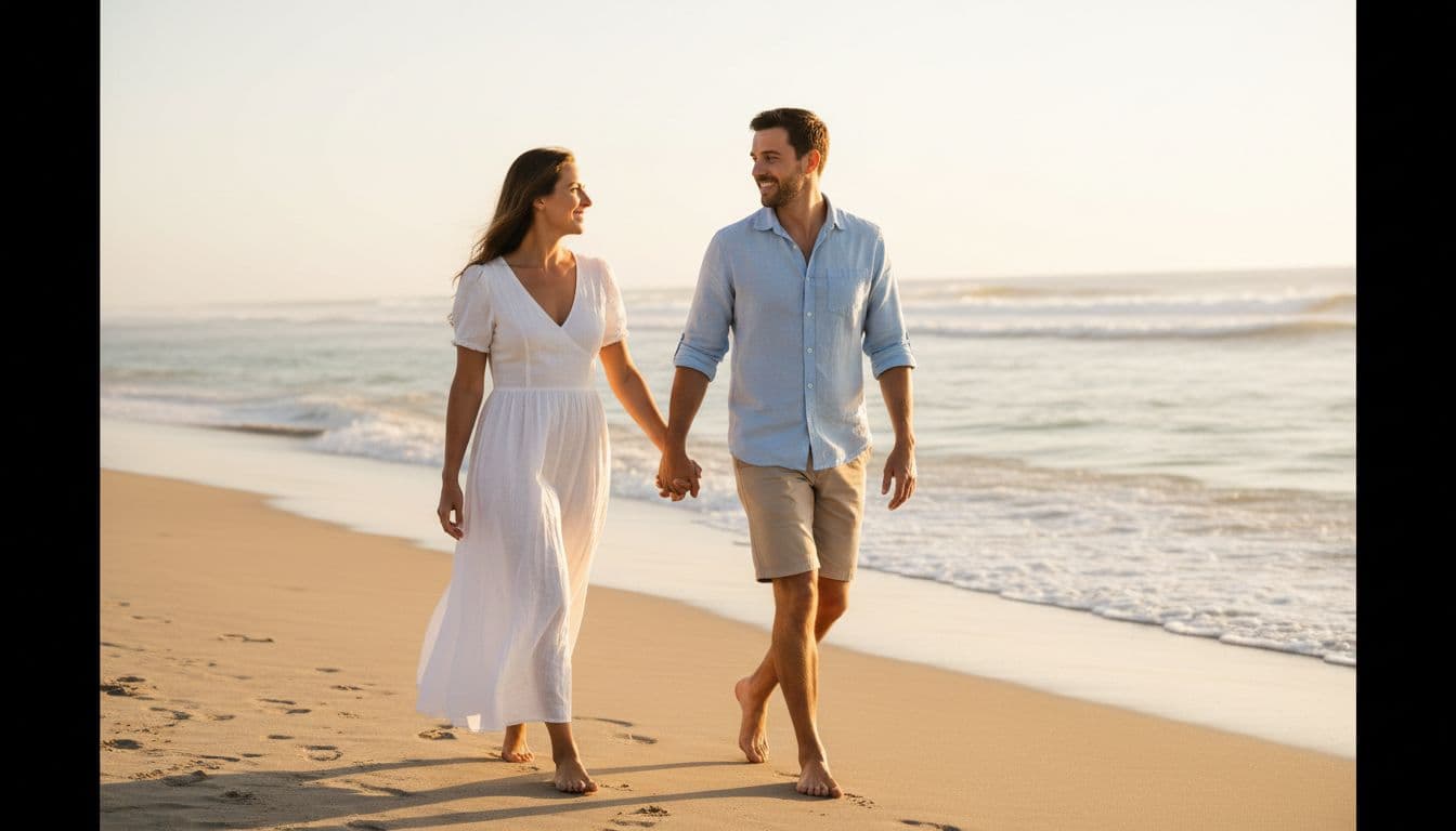 A couple walks side by side on a sunny beach holding hands loosely, smiling relaxedly at each other with ocean waves in the background, captured in realistic golden hour lighting for a peaceful, joyful atmosphere.