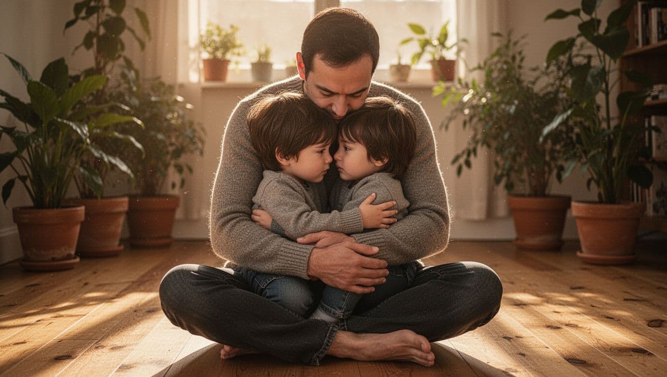 Adult sits cross-legged hugging small child self in cozy room with wooden floors, plants, and golden light.