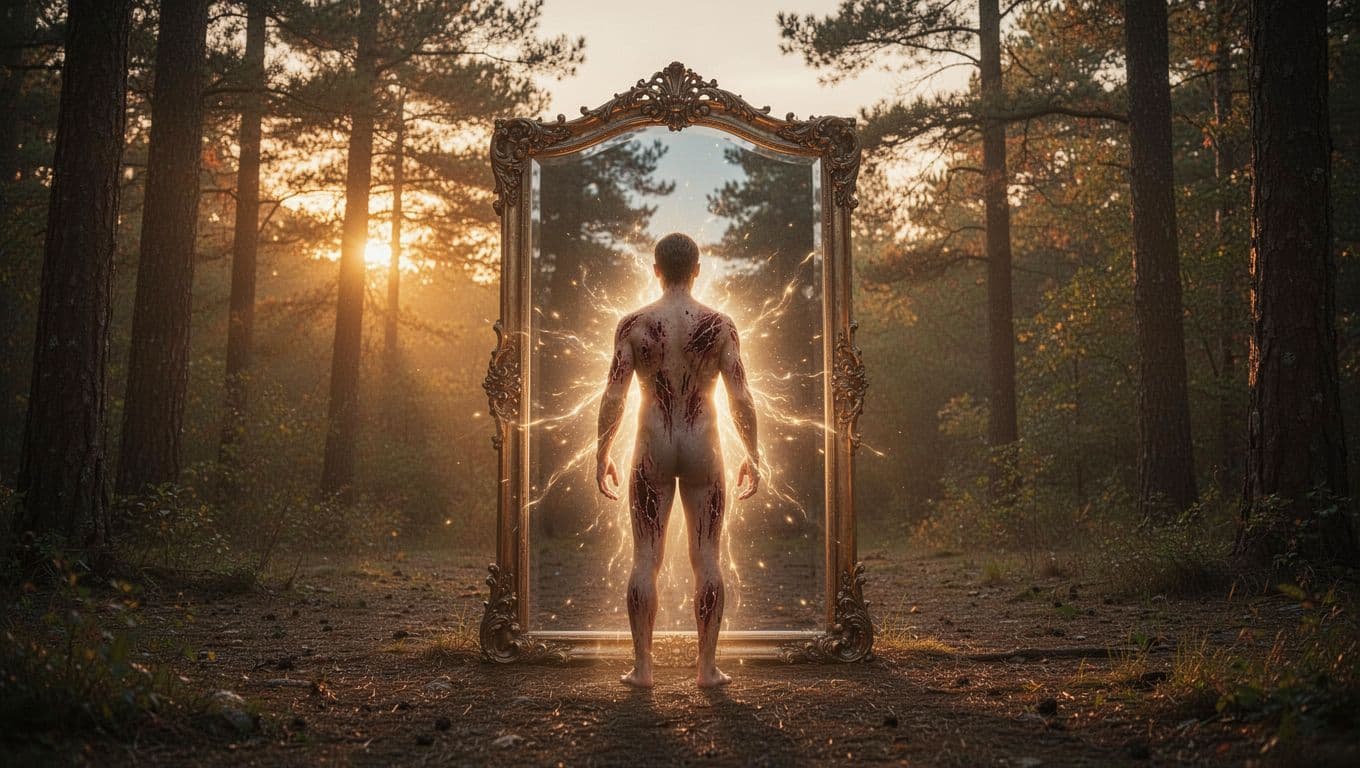 A single person stands before a large glowing mirror in a peaceful forest clearing at dawn, with their reflection showing shadowed wounds healing into radiant light amid a soft ethereal glow.