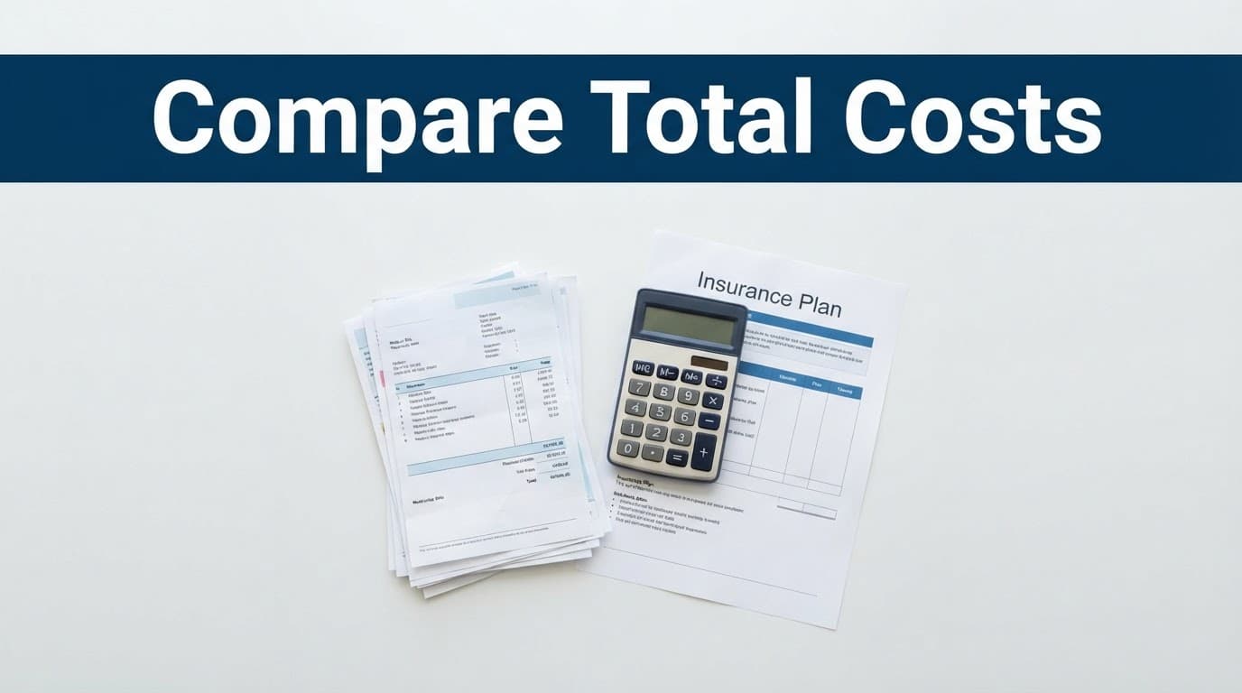 Medical bills, a calculator, and an insurance plan document on a bright desk.