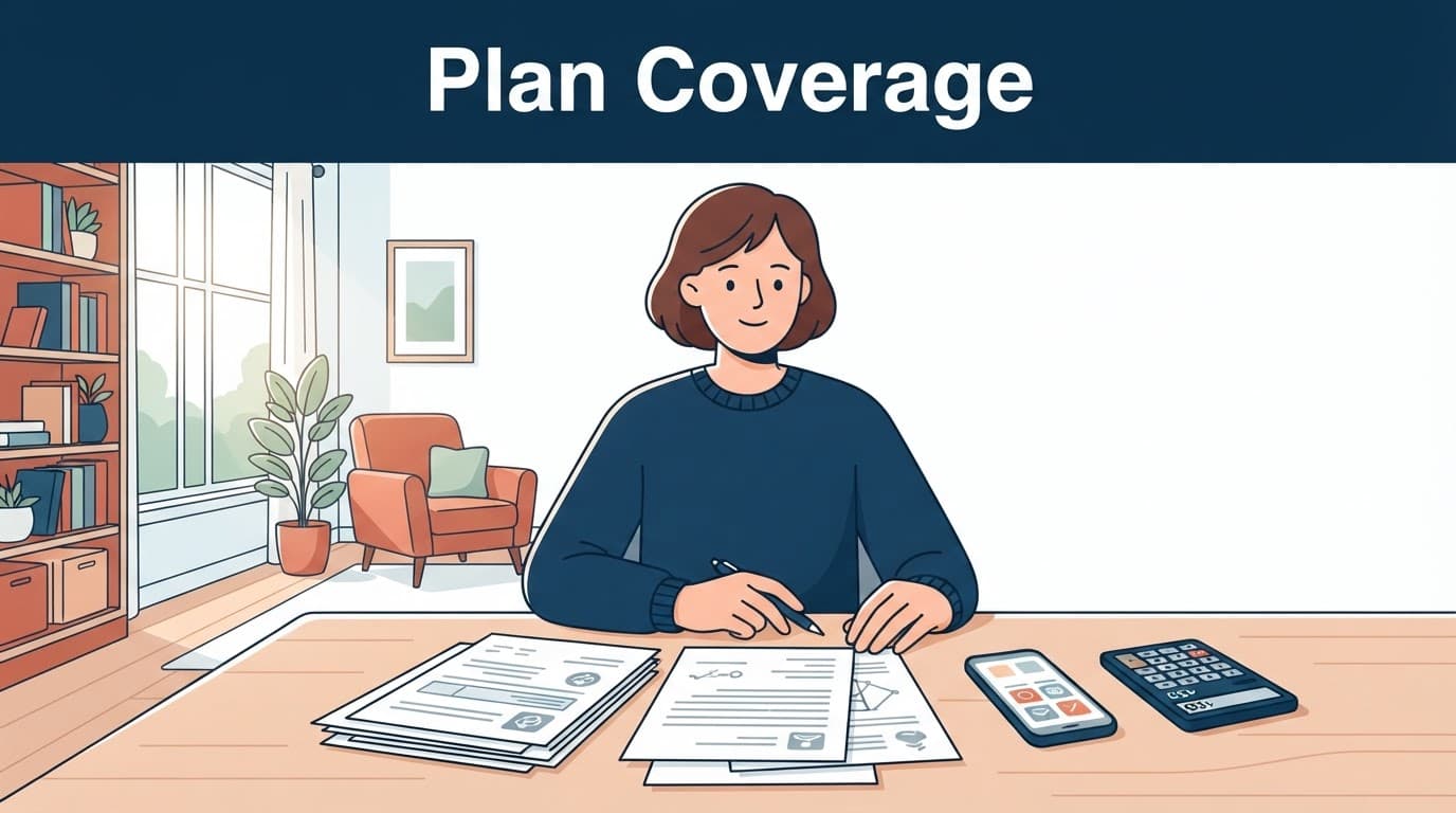 A person reviews health insurance papers with a phone and calculator at a desk.