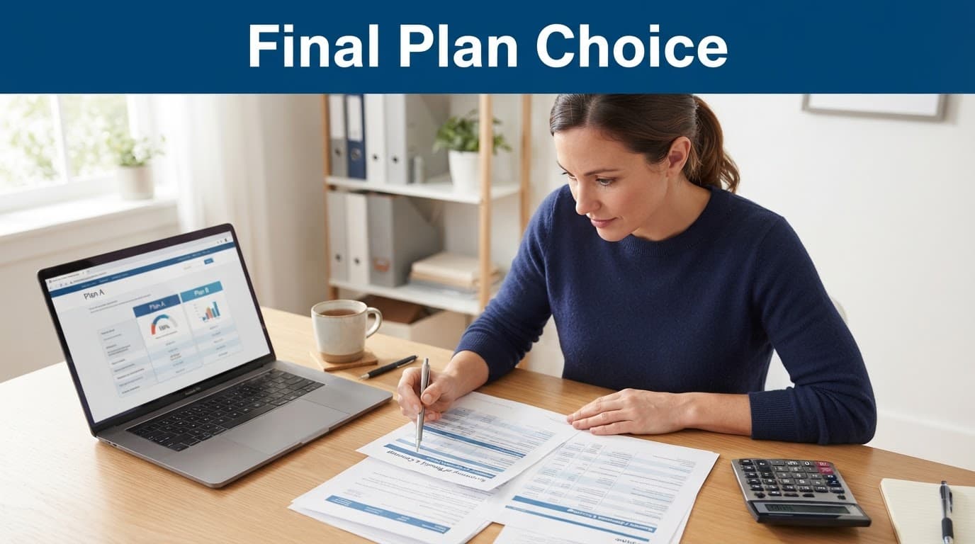 A person compares health insurance papers with a calculator and laptop at a desk.