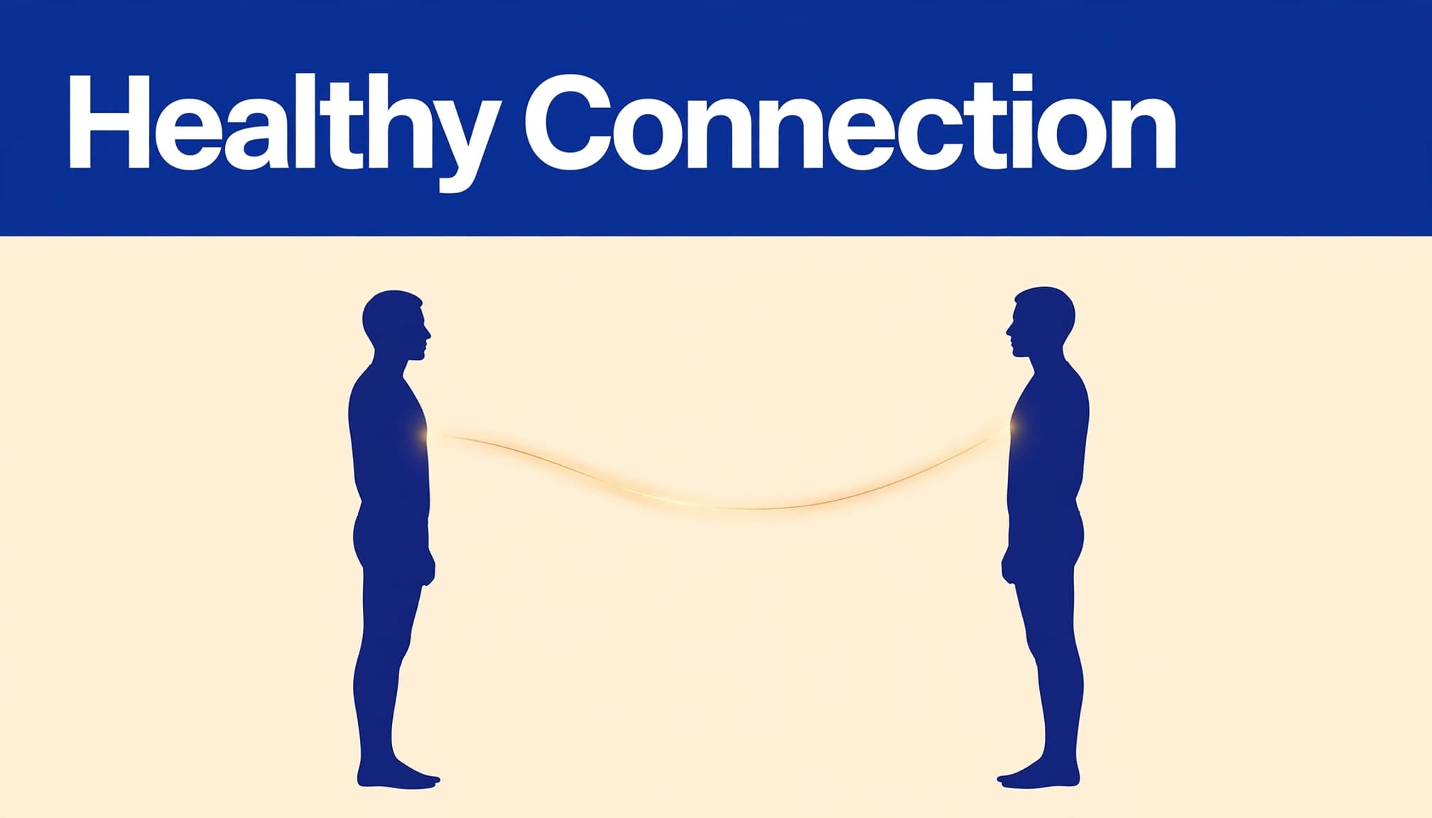 Two figures stand apart, linked by a warm glowing thread beneath a blue headline.