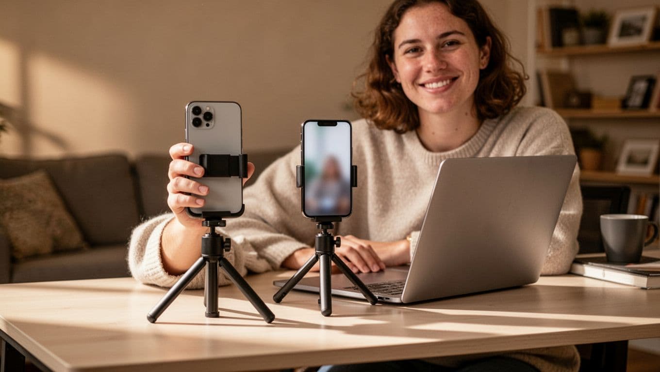 Person in casual home office records how-to video using phone on tripod aimed at laptop.
