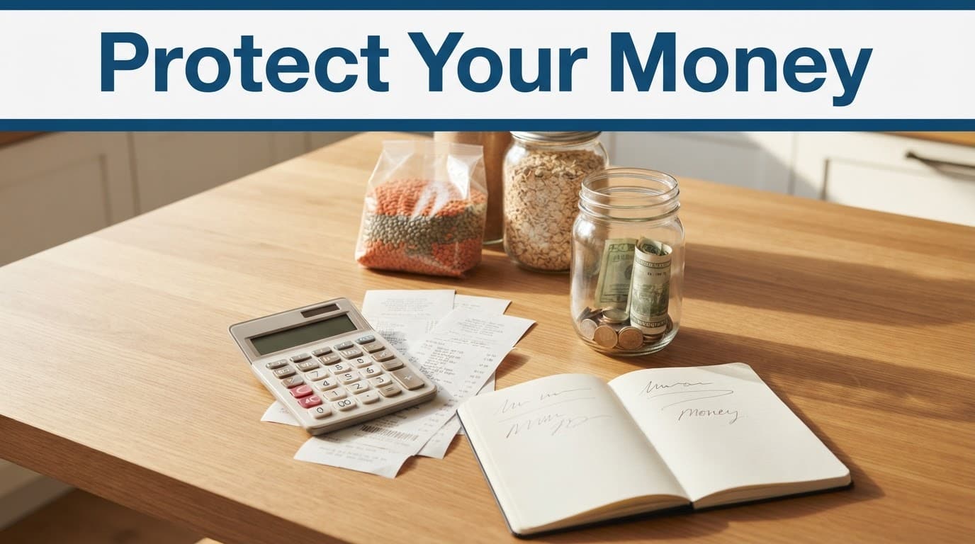 A calculator, receipts, pantry items, savings jar, and notebook sit beneath a blue financial headline band.