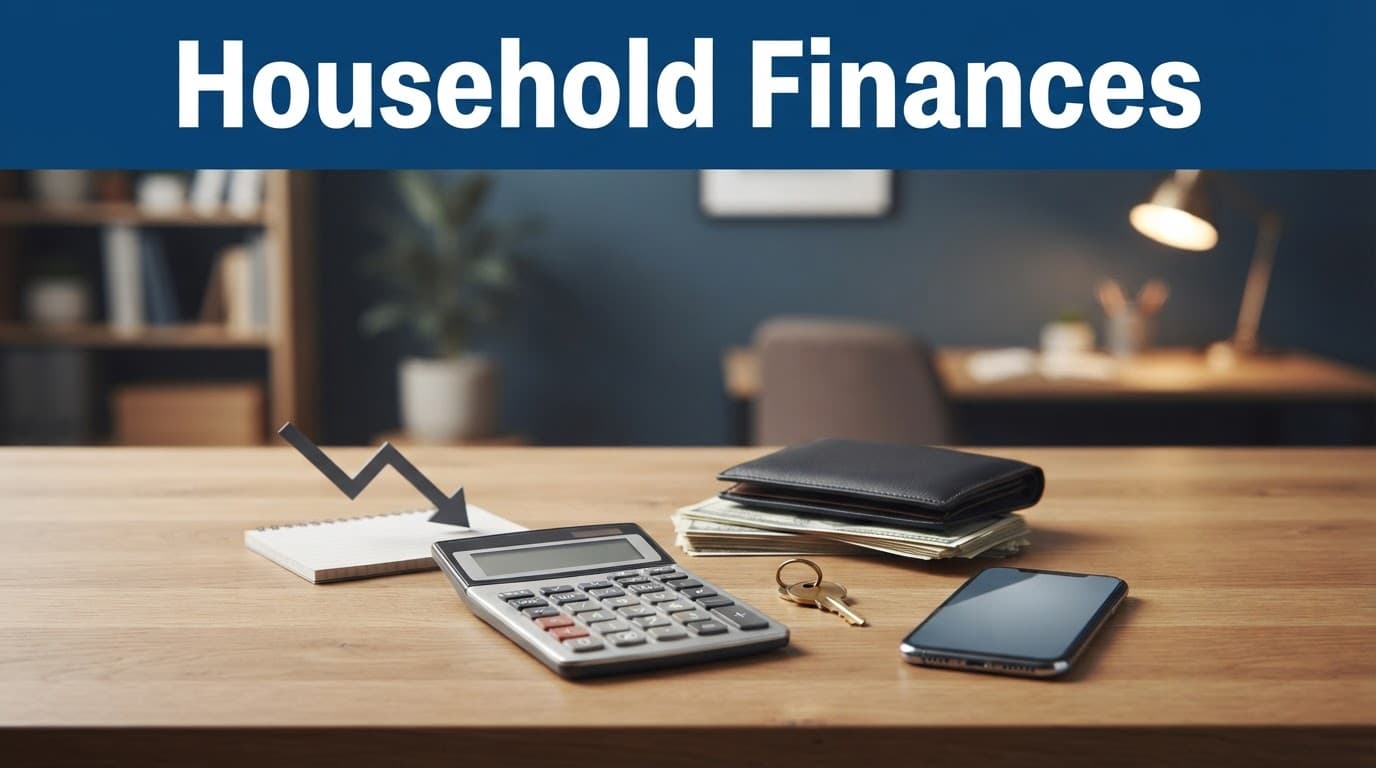 Calculator, wallet, bills, house key, and smartphone arranged on a blue-toned desk.