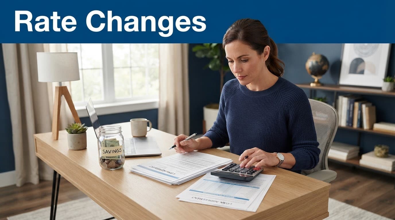 One adult reviews loan papers, a calculator, and a savings jar at a desk.