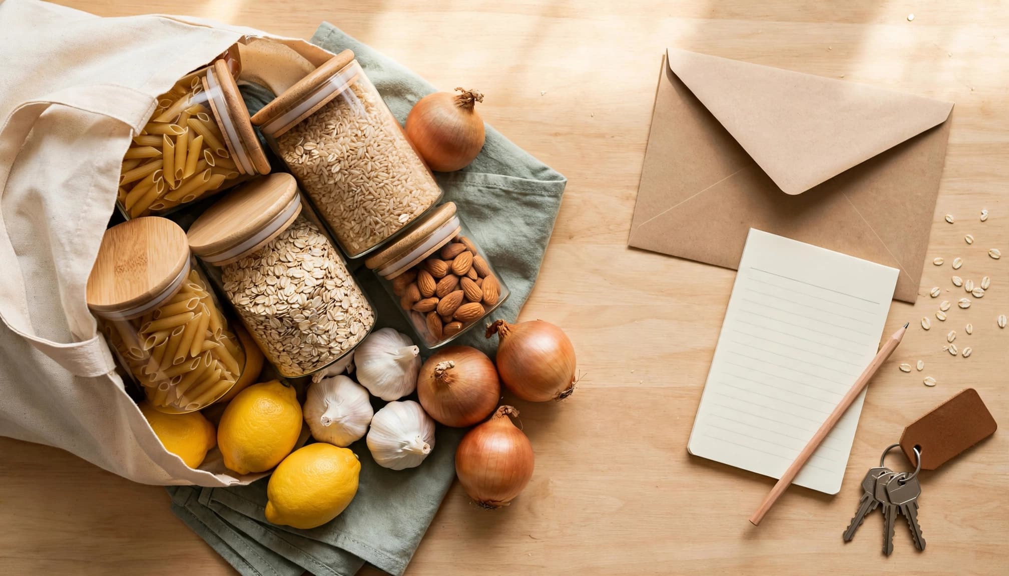 A reusable bag and groceries sit beside a blank list, utility envelope, and keys.