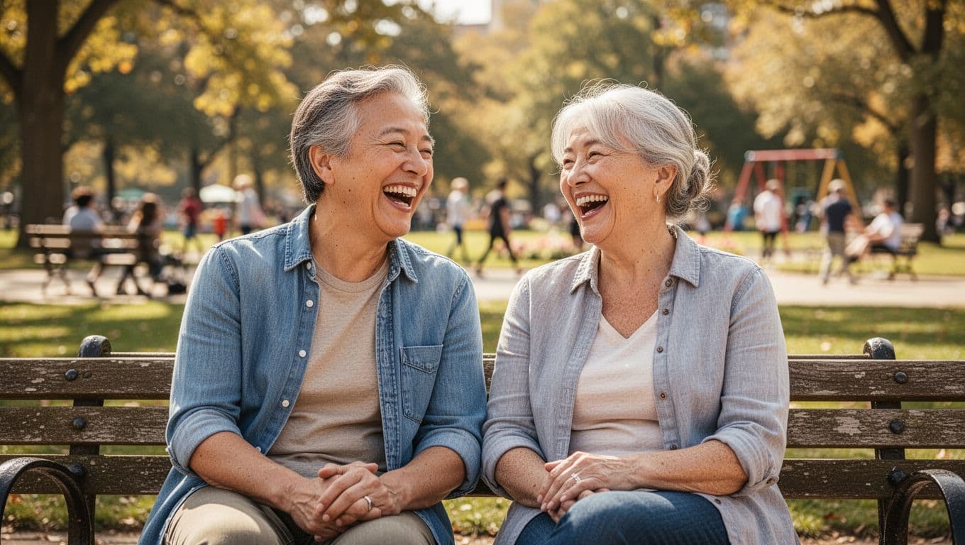 Two adults of different ages laughing together on a sunny park bench, relaxed open postures with genuine smiles and engaged gestures, blurred lively park background, natural daylight lighting, photorealistic style with warm joyful tones, exactly two people, no other humans, no phones or objects distracting, no text or logos.