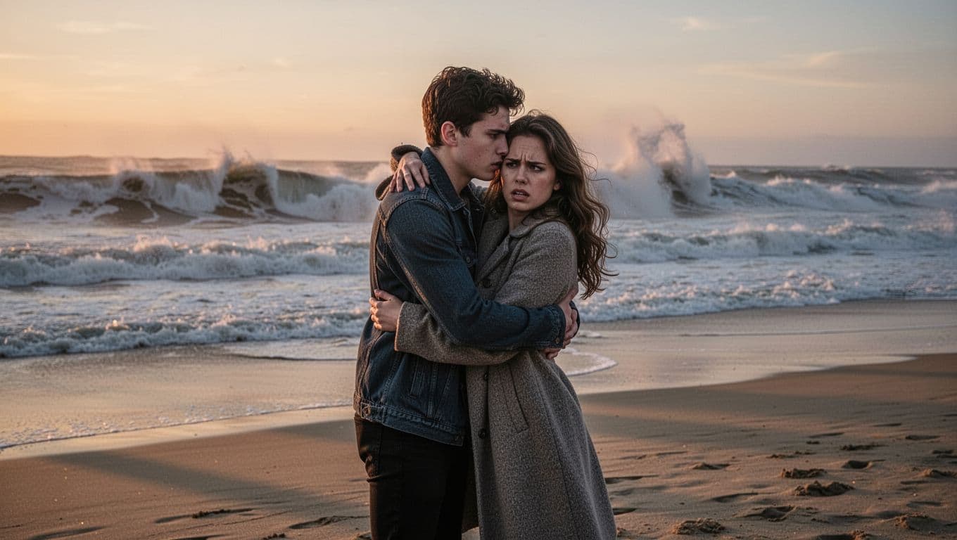Young couple in tight embrace on windswept beach at twilight, one pulling close as the other looks conflicted amid turbulent waves.