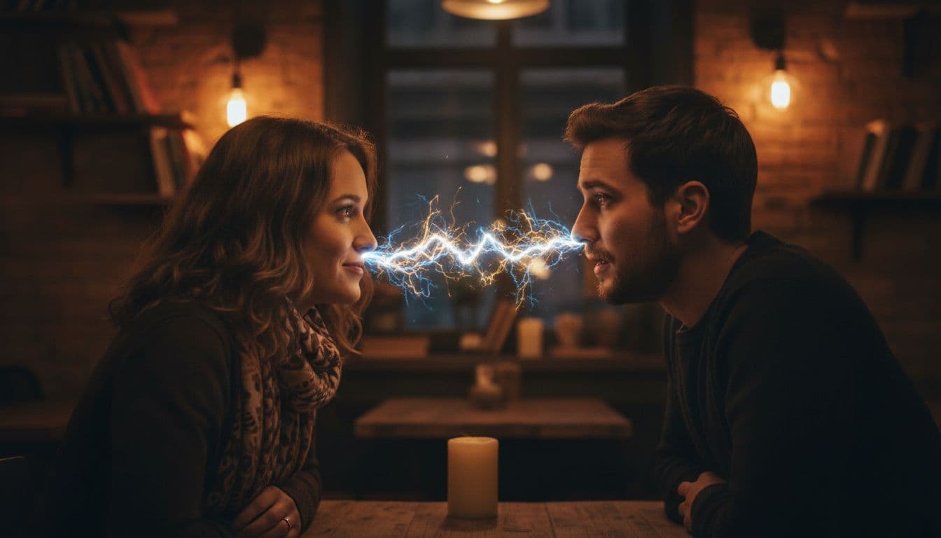 Young couple in 30s locks eyes intensely across dimly lit cozy cafe, warm lighting casting soft shadows on faces and upper bodies.