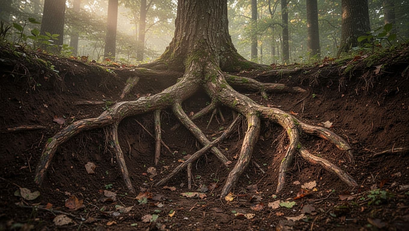Twisting roots of ancient trees interconnect in rich forest soil, with soft morning light filtering through canopy above.