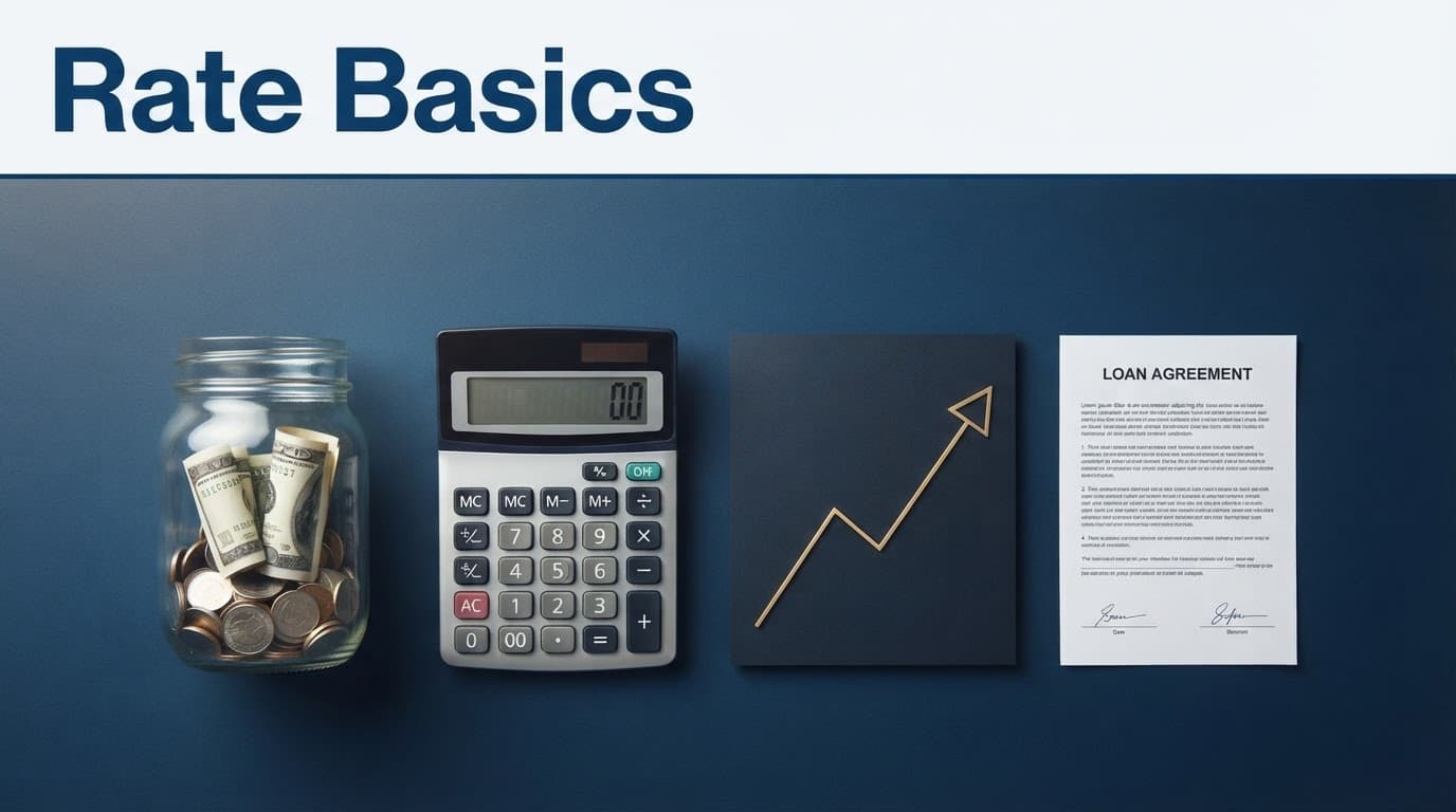 Savings jar, calculator, rising line, and loan paper on a blue desk.