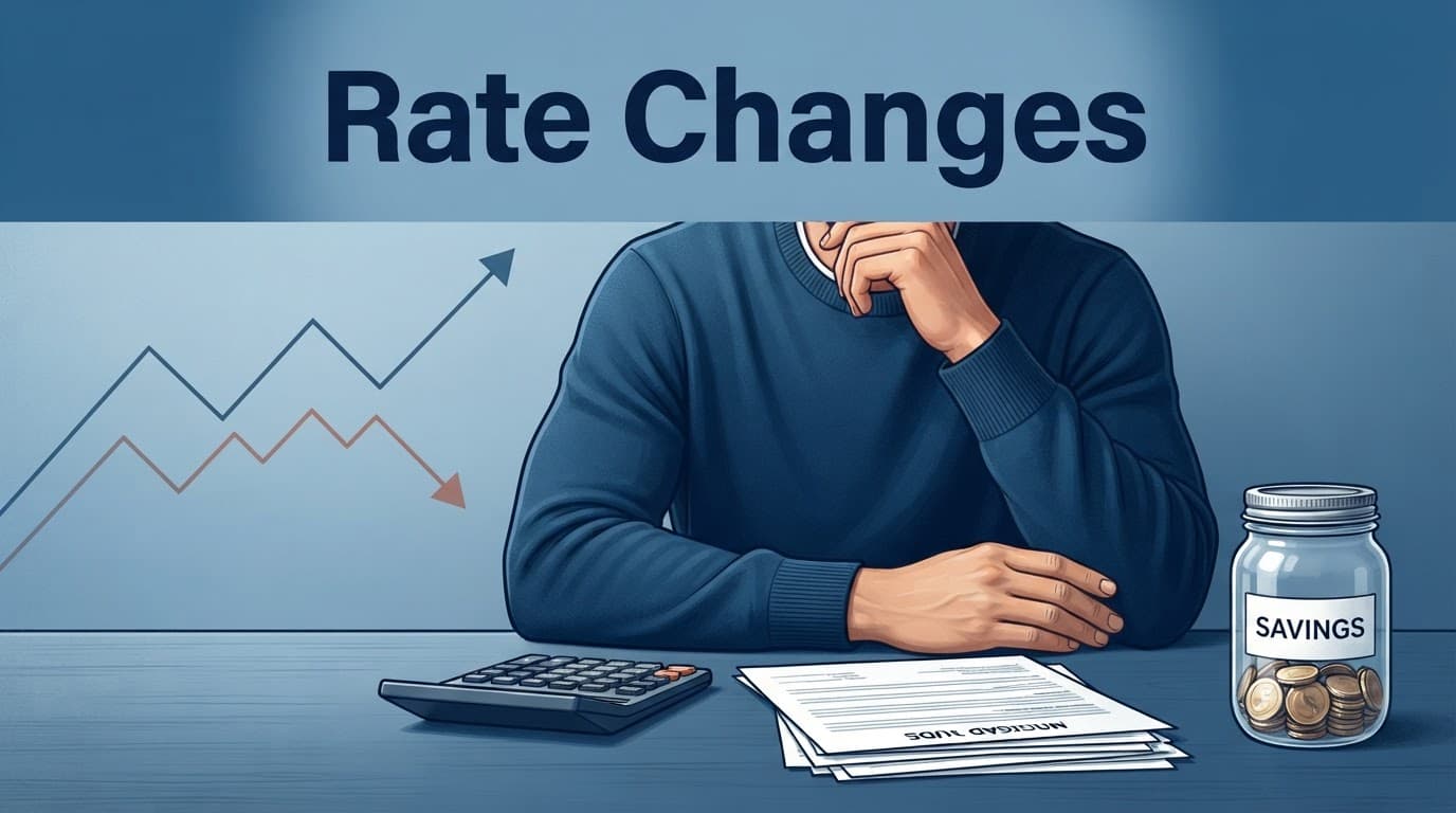 A person weighs borrowing and saving choices at a desk with a calculator and savings jar.