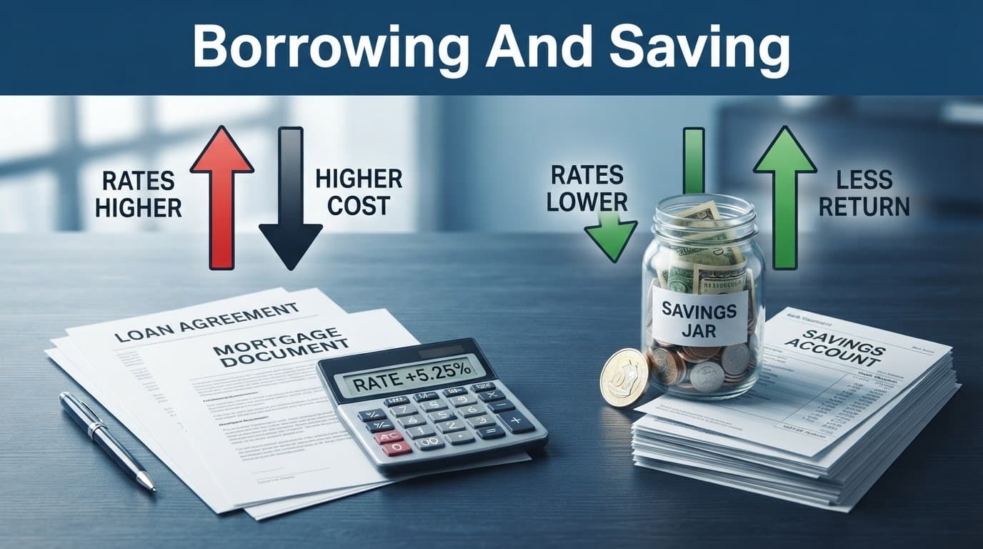 Calculator, loan papers, savings jar, and rate arrows on a blue desk.