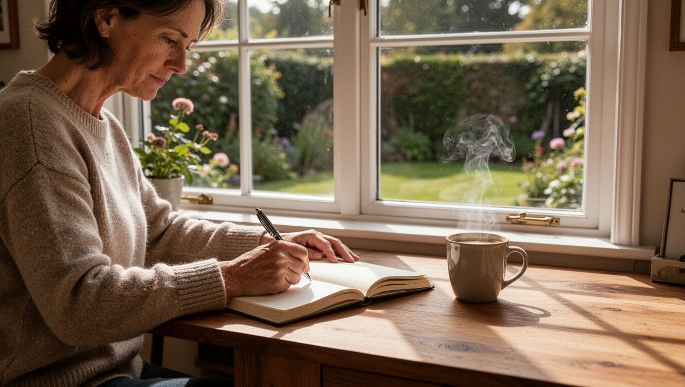 A person sits at a wooden desk by a large window overlooking a garden, writing thoughtfully in an open journal with a steaming coffee mug nearby, in soft morning light.
