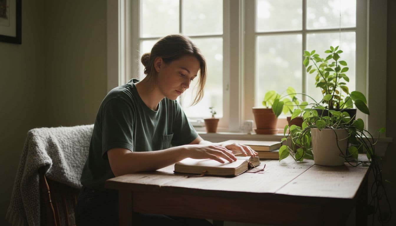 A single person sits alone at a wooden desk by a window with natural daylight, journaling thoughtfully in a notebook with relaxed hands, in a serene indoor setting with plants nearby.