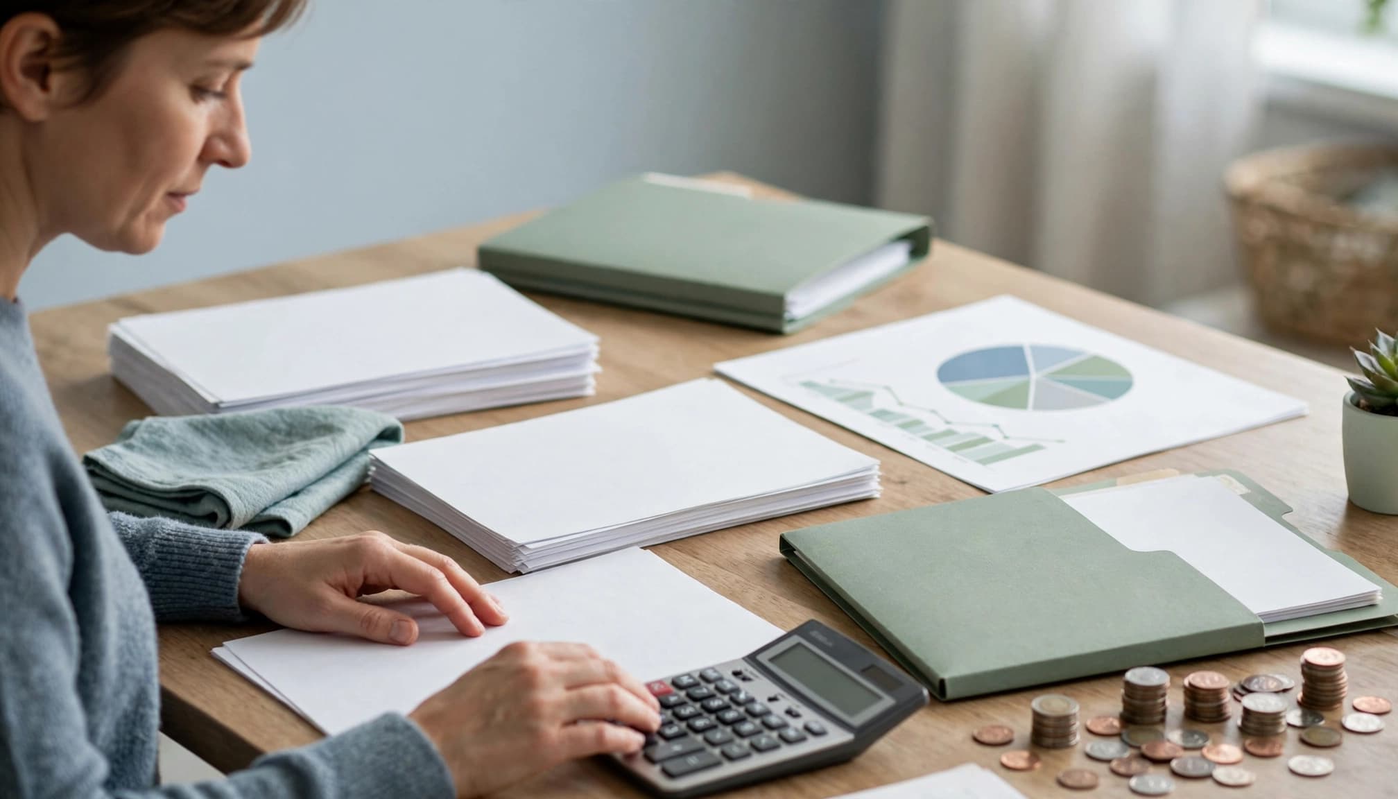 Investor reviewing fund costs with a calculator, tax folder, coins, and portfolio chart.