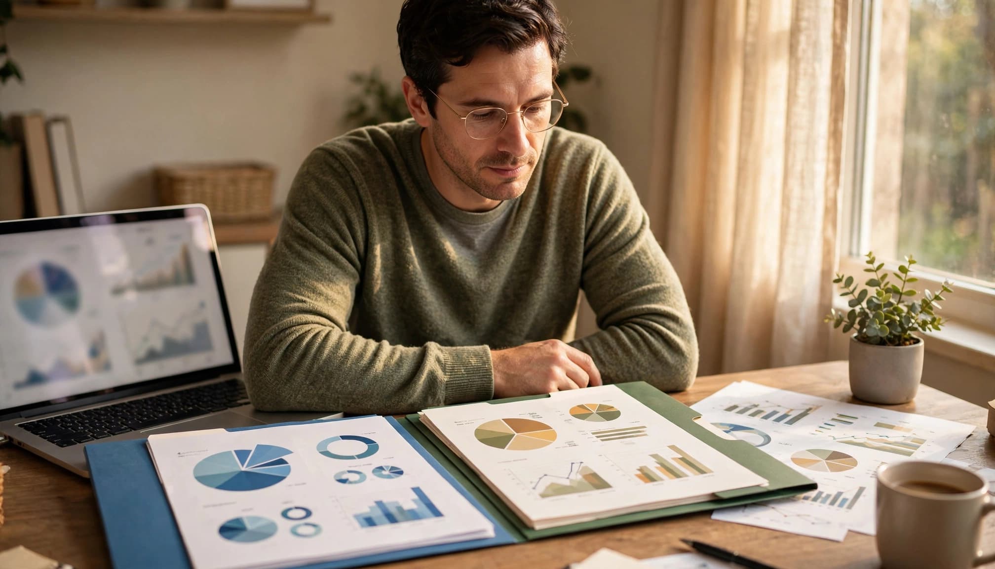 An investor compares two portfolio options at a desk beside account folders and a small plant.