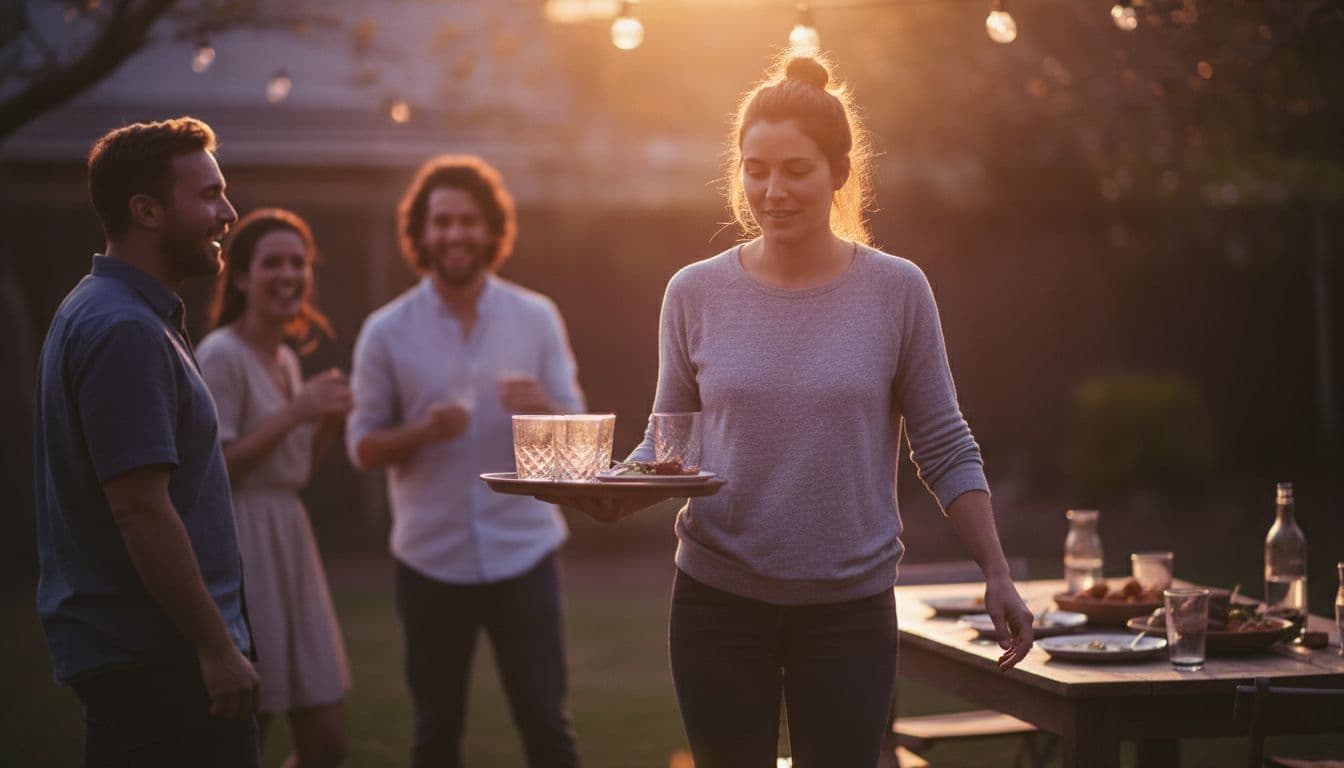 A loyal friend quietly passes drinks and plates at a cozy backyard gathering under warm sunset lighting, while others laugh and talk without noticing, with soft focus on the relaxed helper.