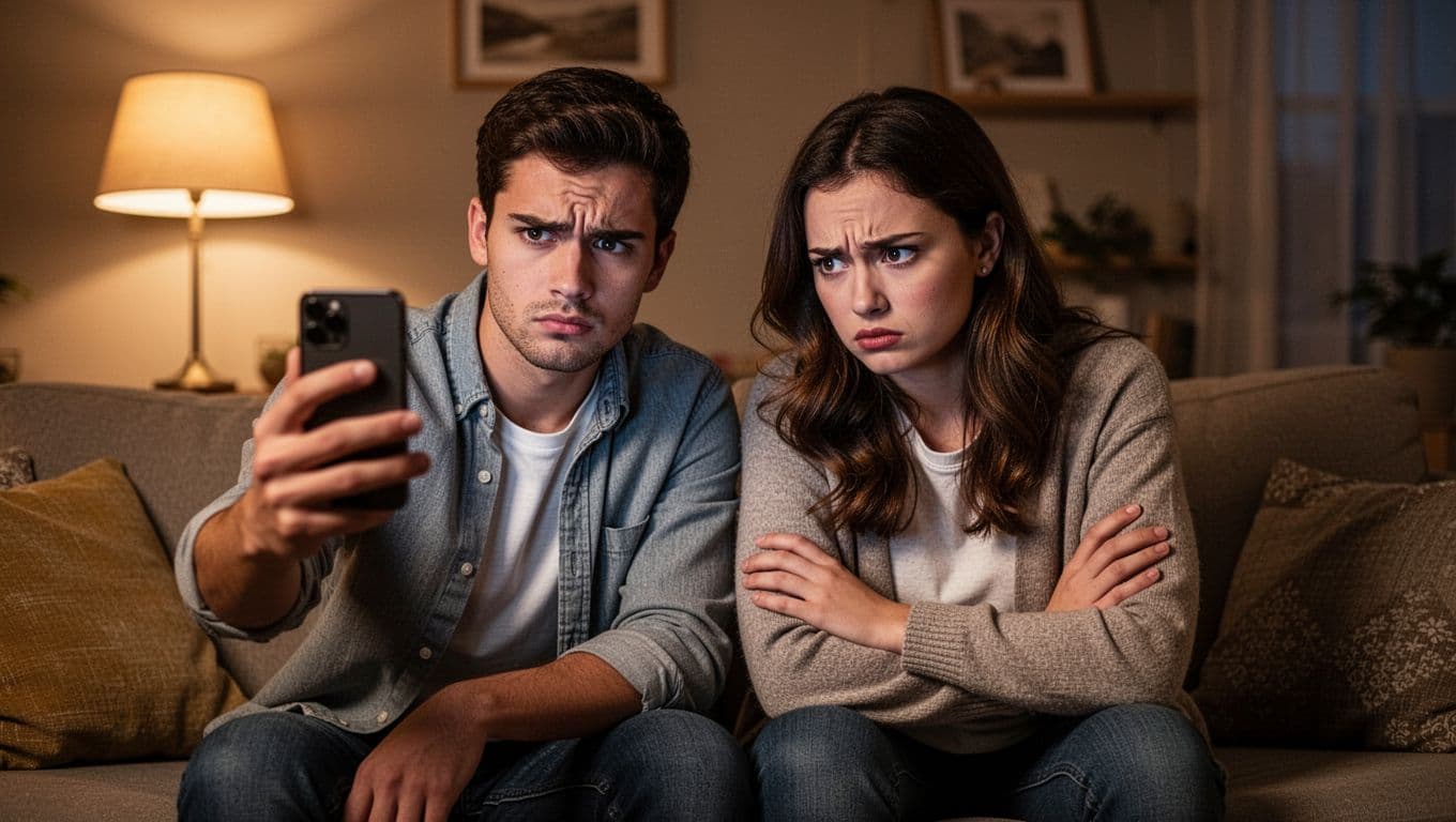 A young couple sits on a cozy living room couch under soft evening light; one partner holds their phone away while the other glances suspiciously with crossed arms and furrowed brows, capturing a tense moment of jealousy.