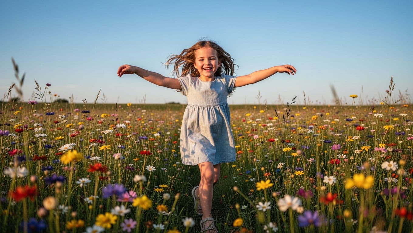A joyful 6-year-old child with a bright smile dances freely in a vibrant wildflower meadow under a blue sky, arms wide open amid colorful blooming flowers, bathed in golden hour sunlight in a lively photorealistic style.