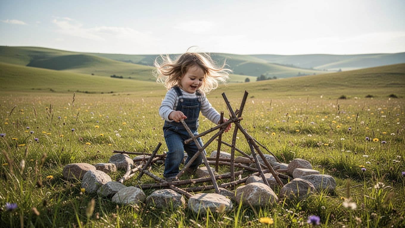 A young child plays freely in a sunny meadow, building with sticks and stones, showing a joyful expression with wind-swept hair in bright natural daylight.