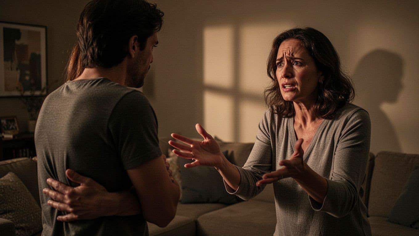 In a dimly lit living room, two adults argue intensely: one turns away with arms crossed in frustration, the other reaches out pleadingly with expressions of hurt and desperation.