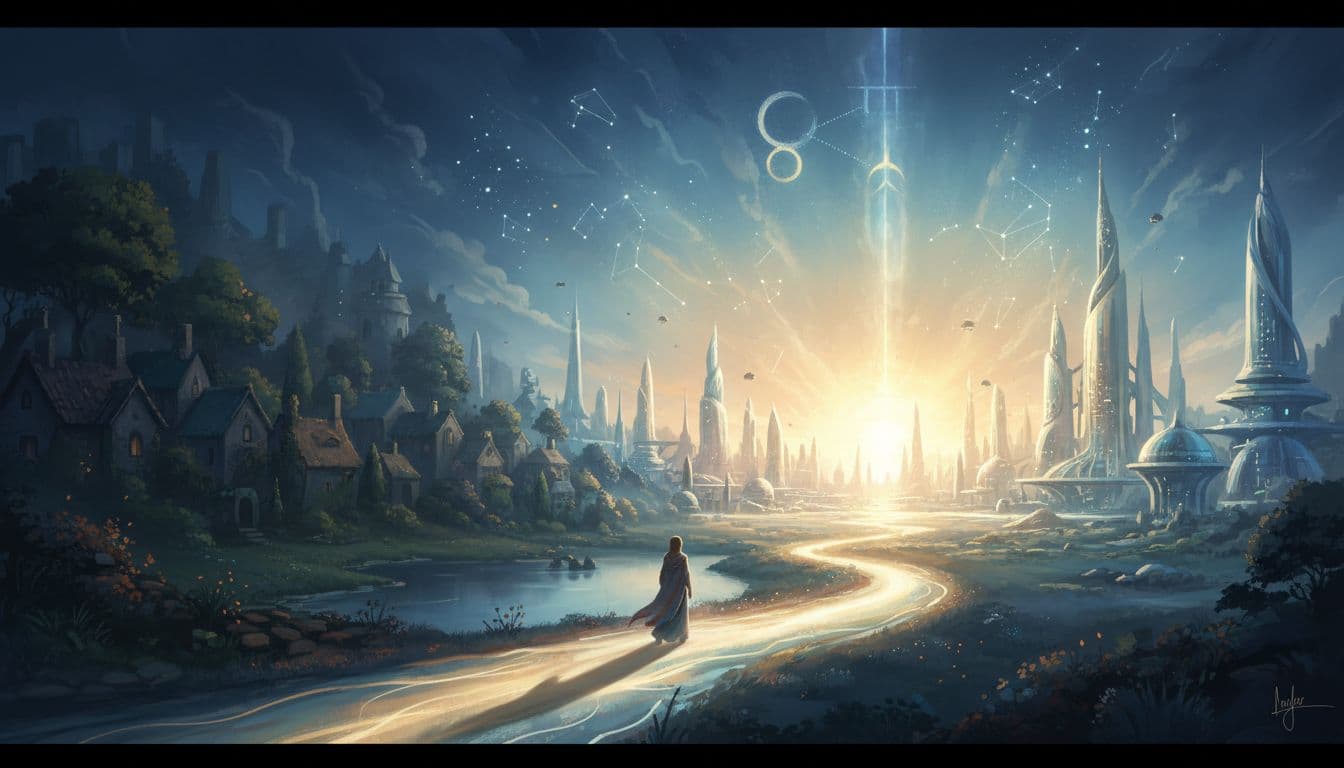 A solitary figure walks a glowing path from a shadowy comfortable past landscape (South Node) toward a bright innovative future horizon (North Node), with faint cosmic node symbols overhead, in ethereal blue and gold lighting and soft painterly style.