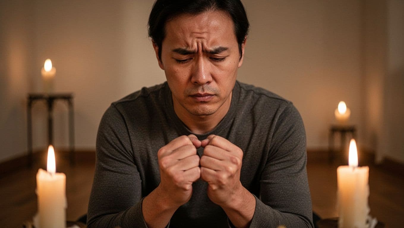 A single person kneeling in a softly lit room during evening prayer, with a calm composed face contrasting subtle tension in clenched fists and furrowed brow, illuminated by warm candlelight.