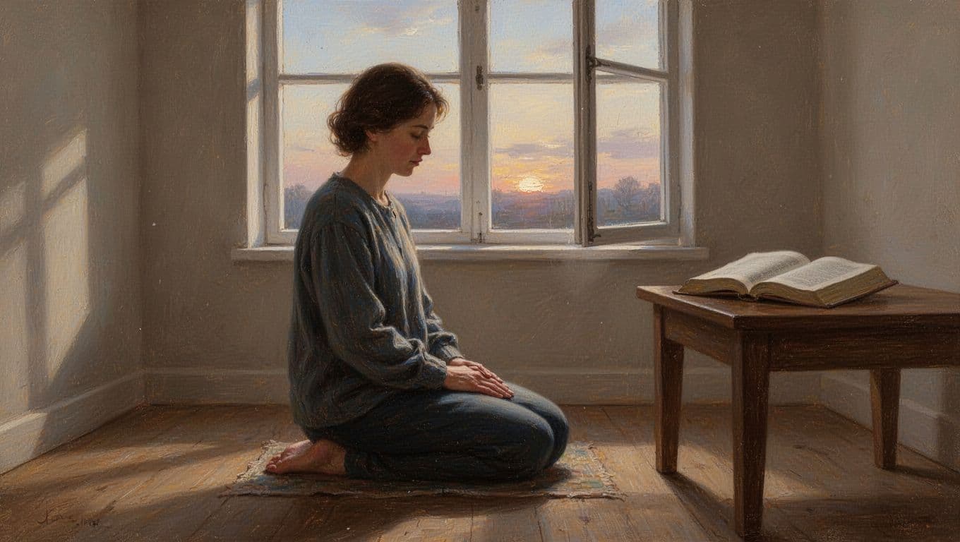 One person kneels in prayer in a simple cozy room with soft evening light from a window and an open Bible nearby, capturing a serene, intimate atmosphere of solitude.