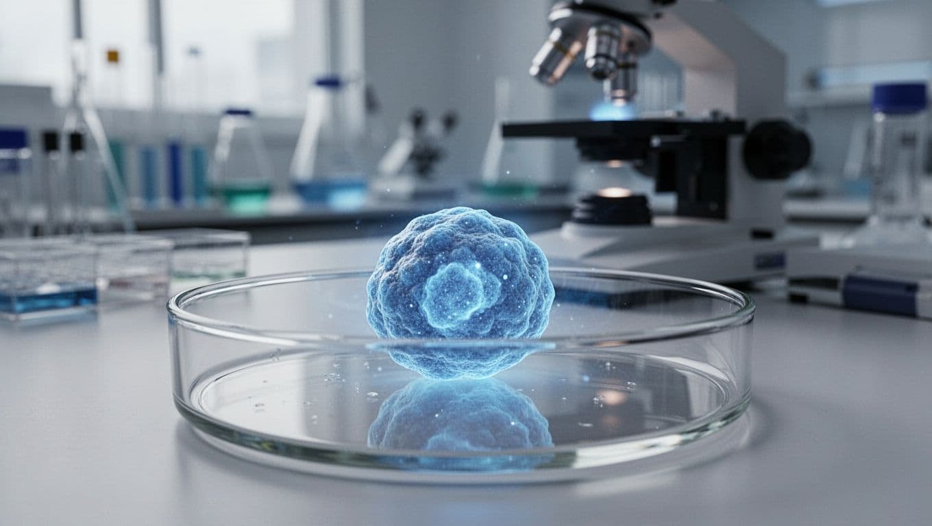 Microscopic view of a lab-grown pineal gland organoid in a petri dish, with cells implying melatonin production via subtle blue glow, in a scientific lab setting with nearby microscope, realistic photography with soft lighting.