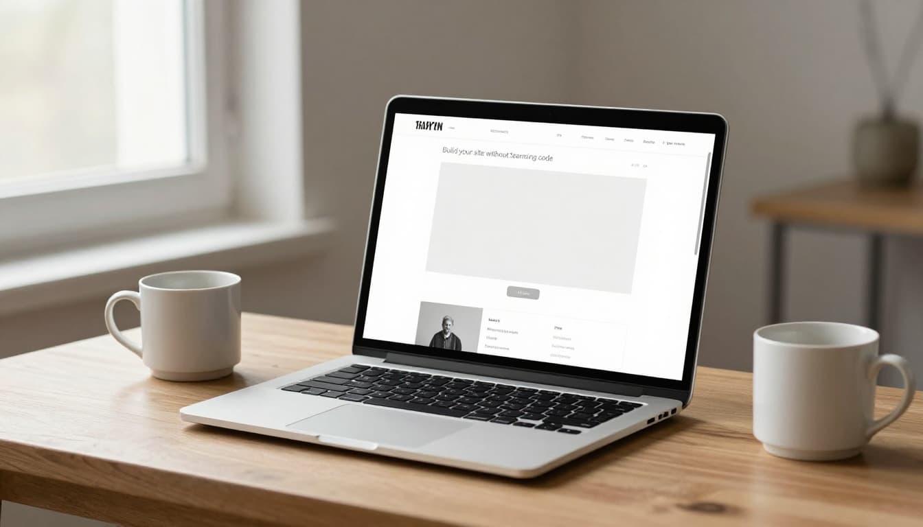 Open laptop on wooden desk displays clean website builder preview at angle, coffee mug nearby.