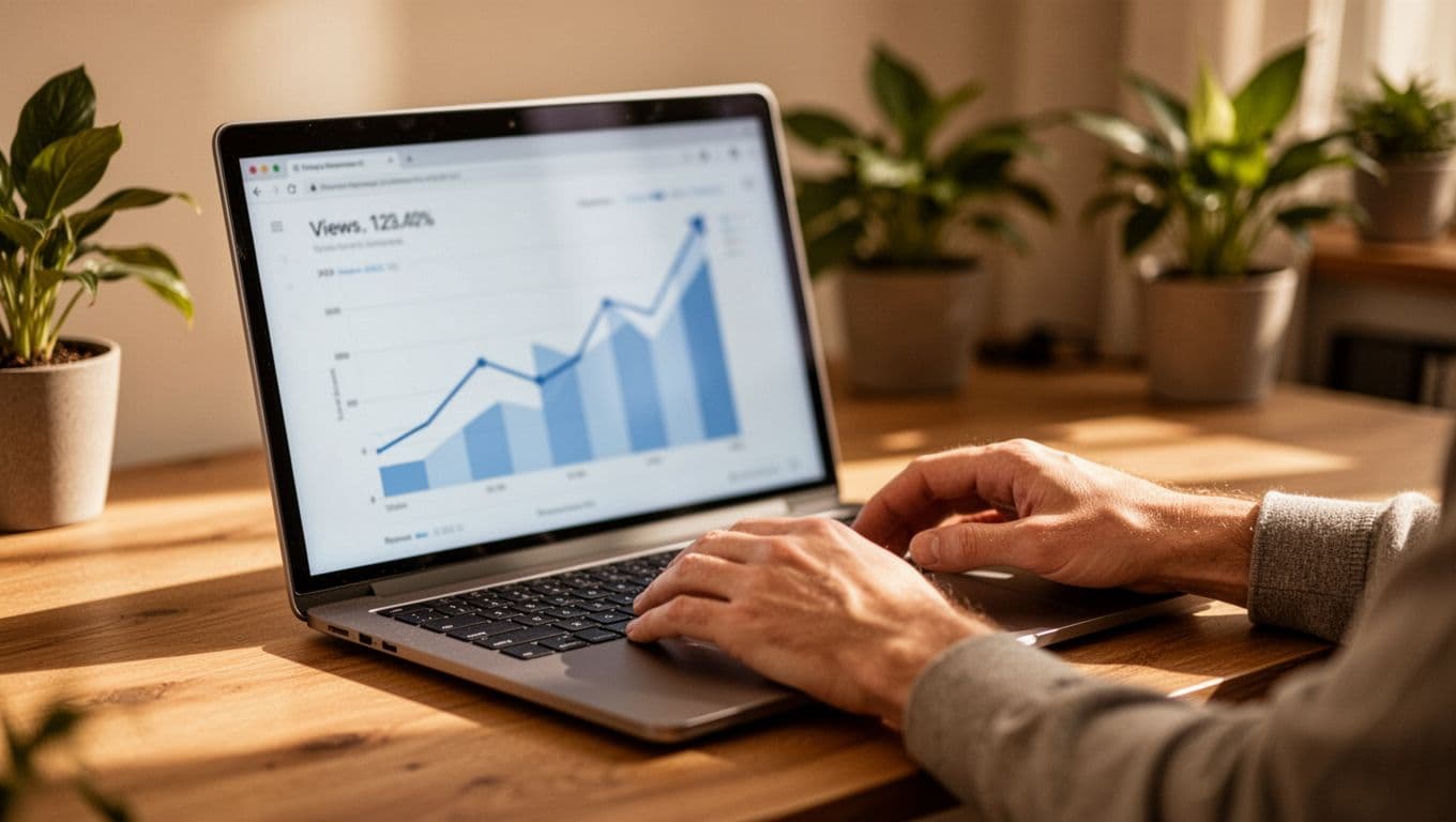 Laptop on desk shows blurred YouTube analytics dashboard with upward views and revenue graphs; hands rest near keyboard in plant-filled office.