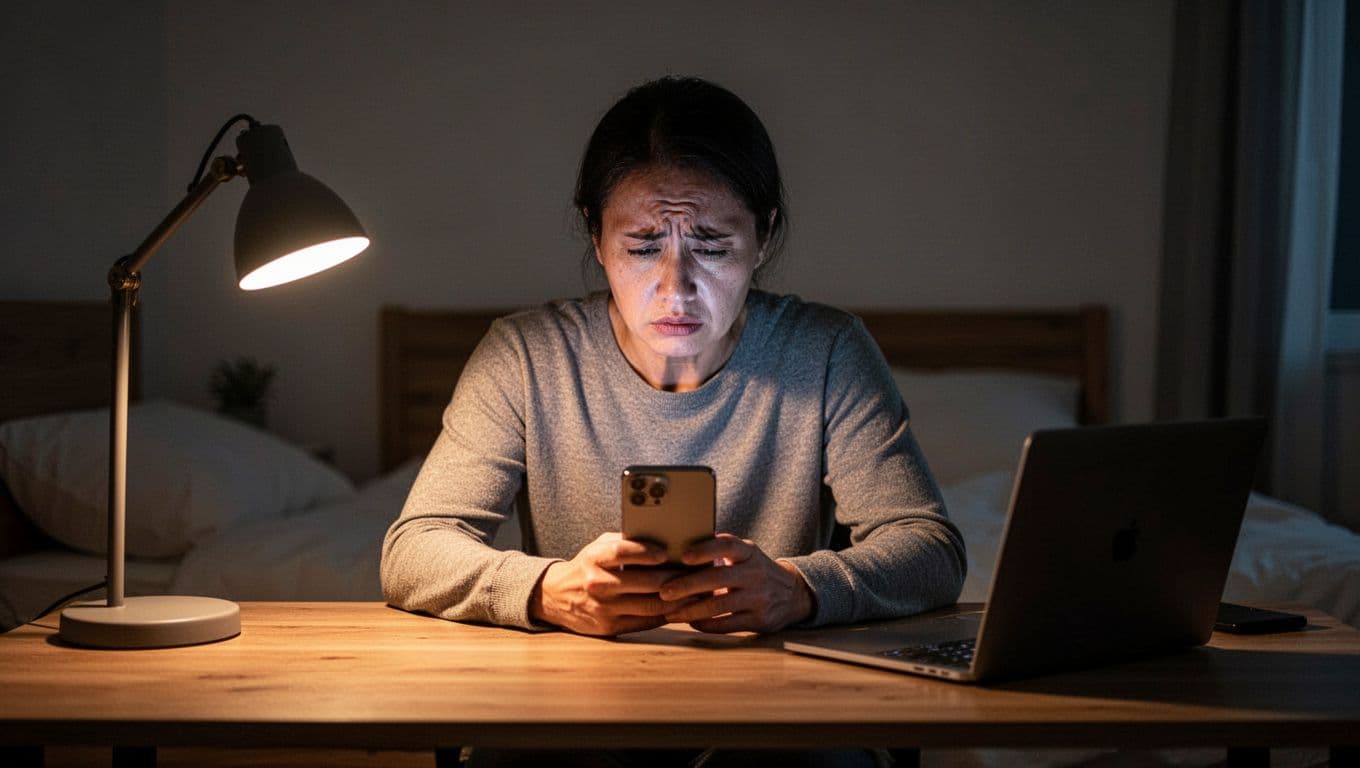 A solitary person sits at a desk late at night, intensely staring at a phone screen with a distressed expression in dim lamp light, highlighting obsession and emotional drain.