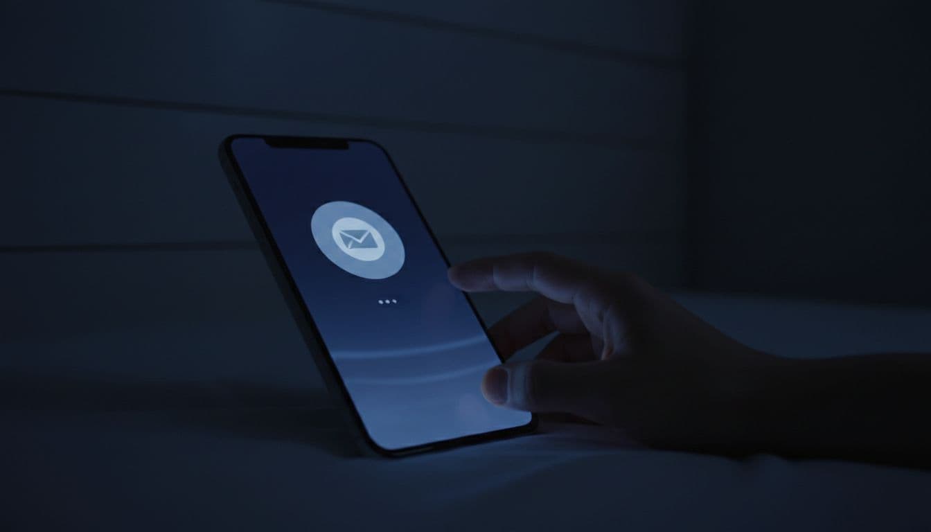 Close-up of a smartphone screen lighting up in a dark bedroom at night with a notification bubble and a single hand hesitantly reaching from off-frame.