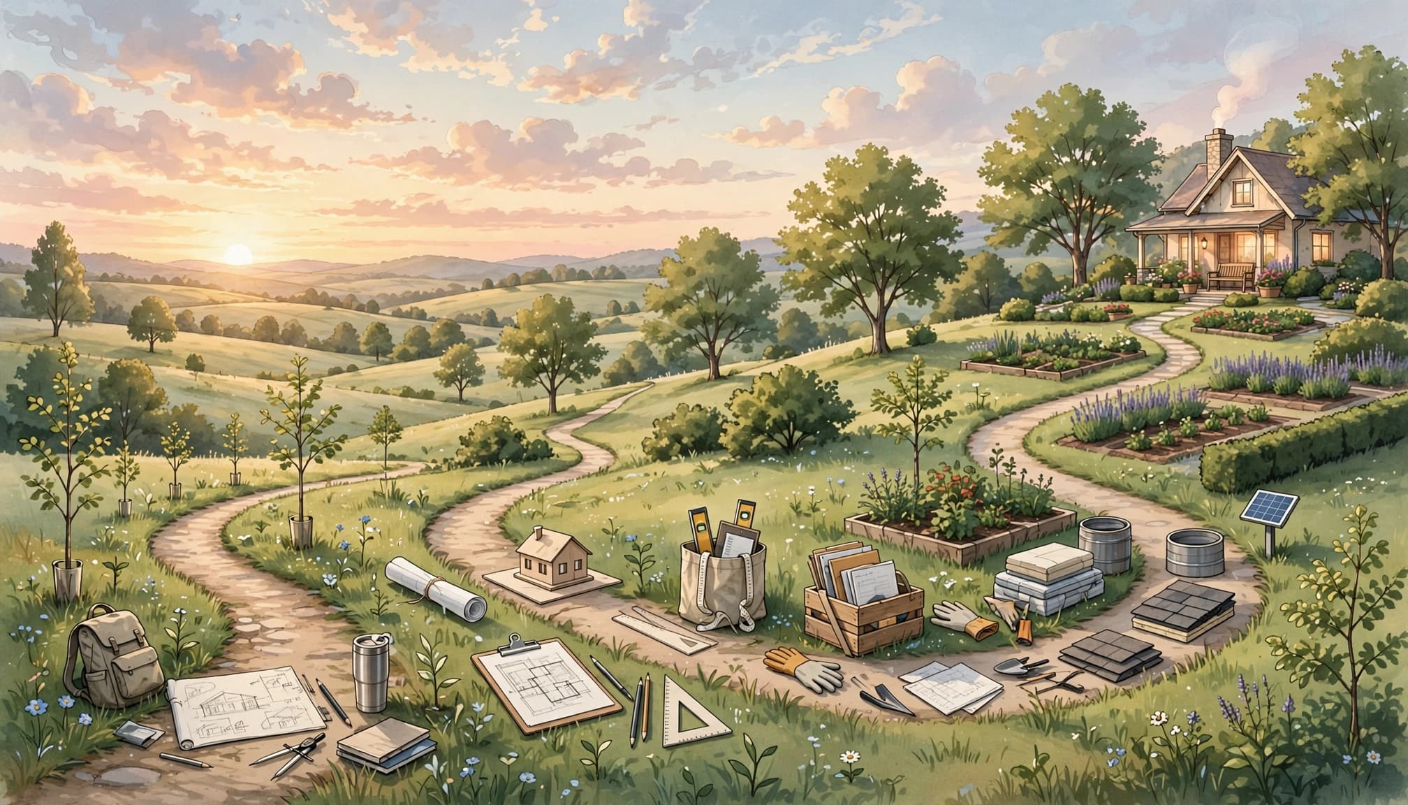 A winding path through life stages leads toward a comfortable home at sunrise.