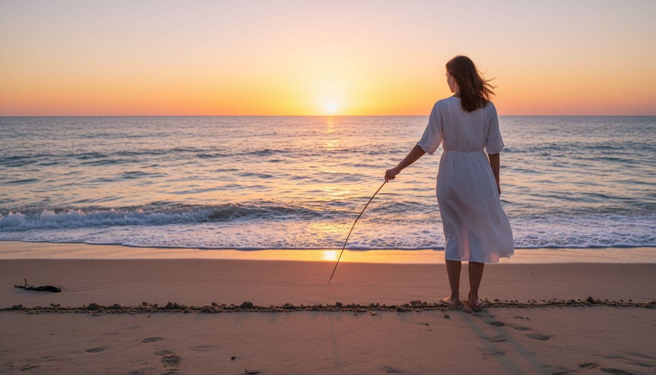 A solitary person draws a firm line in the sand on a beach during golden hour sunset, with waves approaching but not crossing, symbolizing enforced personal boundaries after narcissistic experiences.