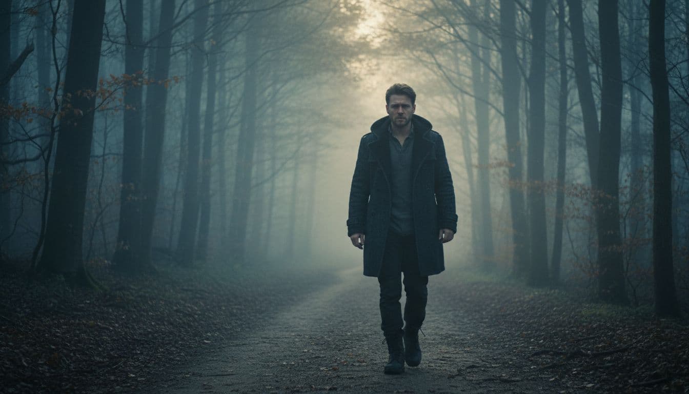 A solitary figure walks an empty path through a misty forest at dawn, face etched with sadness and resolve, bathed in soft diffused light amid gentle fog.