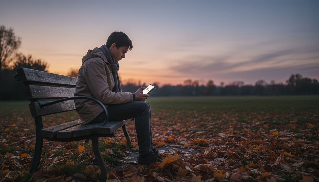 A solitary person sits alone on a park bench at dusk, intently looking at their phone displaying no notifications, with autumn leaves scattered on the ground, capturing a profound sense of melancholy and abandonment.