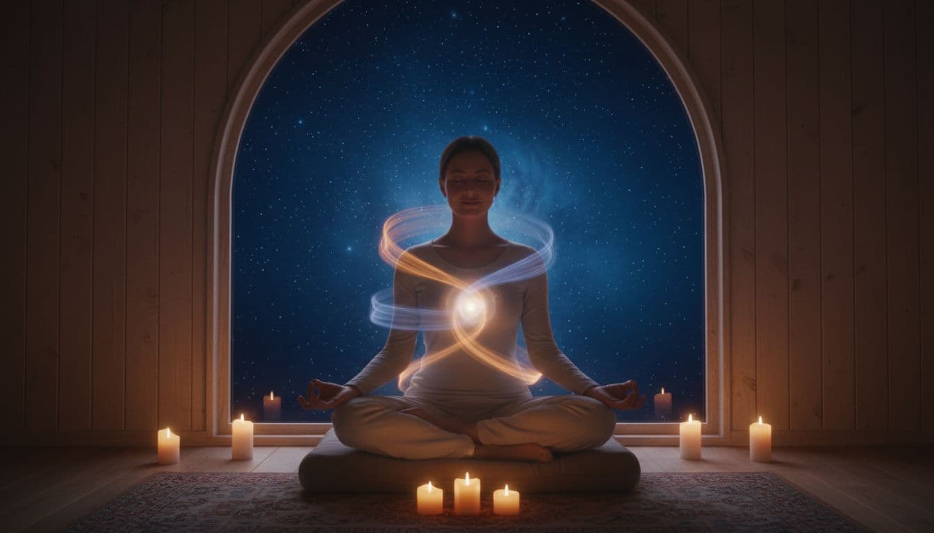 Person in lotus pose meditates in candlelit room, starry sky through window, faint auras merging at heart.