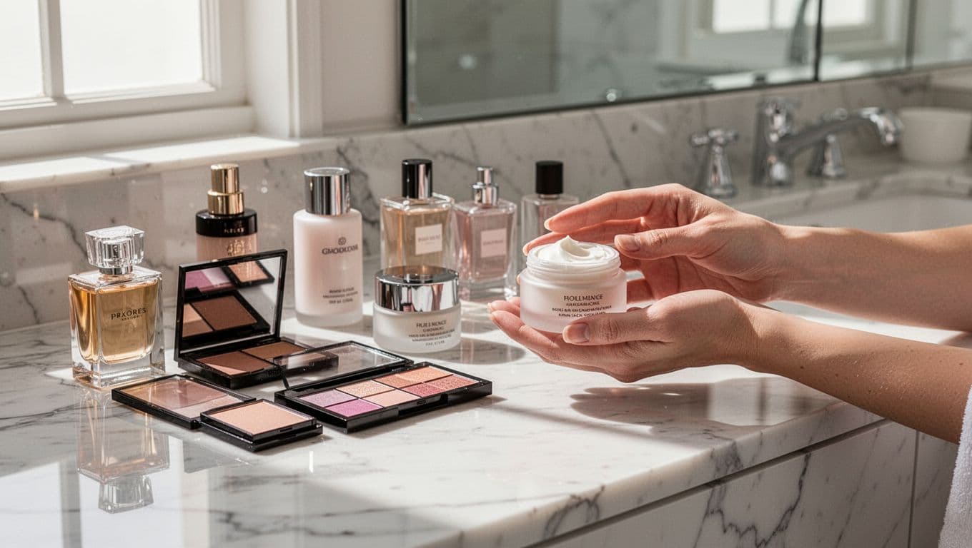Premium skincare jars, makeup palettes, and perfume bottles on marble vanity in bright bathroom; hand holds cream jar.
