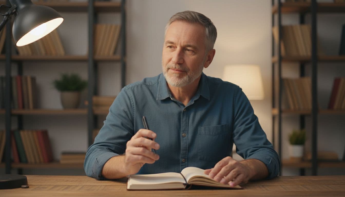 Middle-aged man writes in open notebook at wooden desk under warm lamp light with blurred bookshelves.