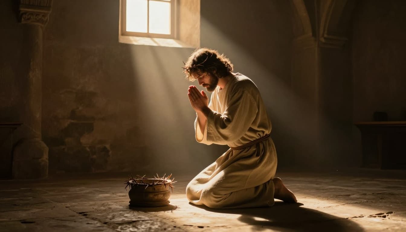 A solitary man kneels in prayer in a dimly lit ancient room, with soft divine light beams from a window illuminating him from above, symbolizing strength emerging from weakness in realistic style with warm golden lighting.