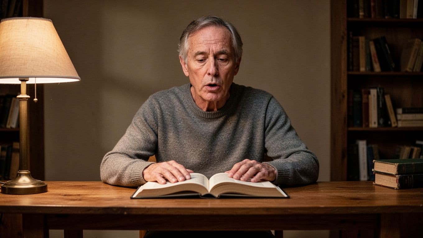 A middle-aged person sits alone at a simple wooden table in a dimly lit study, mouthing words from an open prayer book with a distant, mechanical expression and emotionless eyes fixed on the pages, illuminated by soft side lamp light. Realistic upper-body photograph depicting routine prayer blocked by lack of true emotional connection.