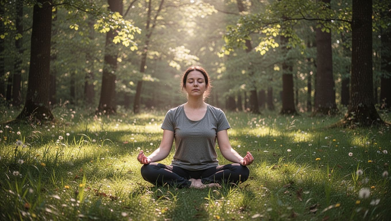 Person sits cross-legged on grass in forest clearing, eyes closed, hands on knees, soft sunlight through leaves.