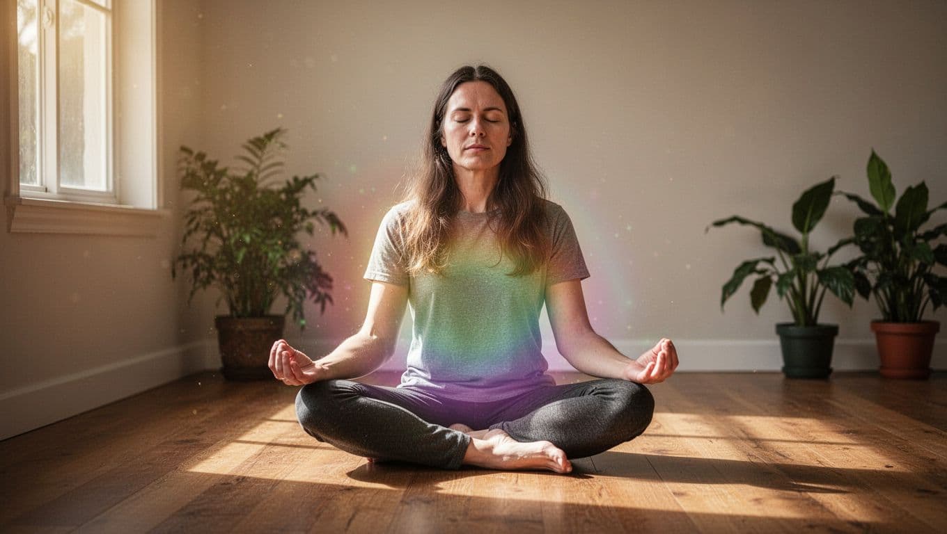 Long-haired person sits cross-legged on floor in sunlit room, eyes closed meditating, faint rainbow aura around torso, plants in background.