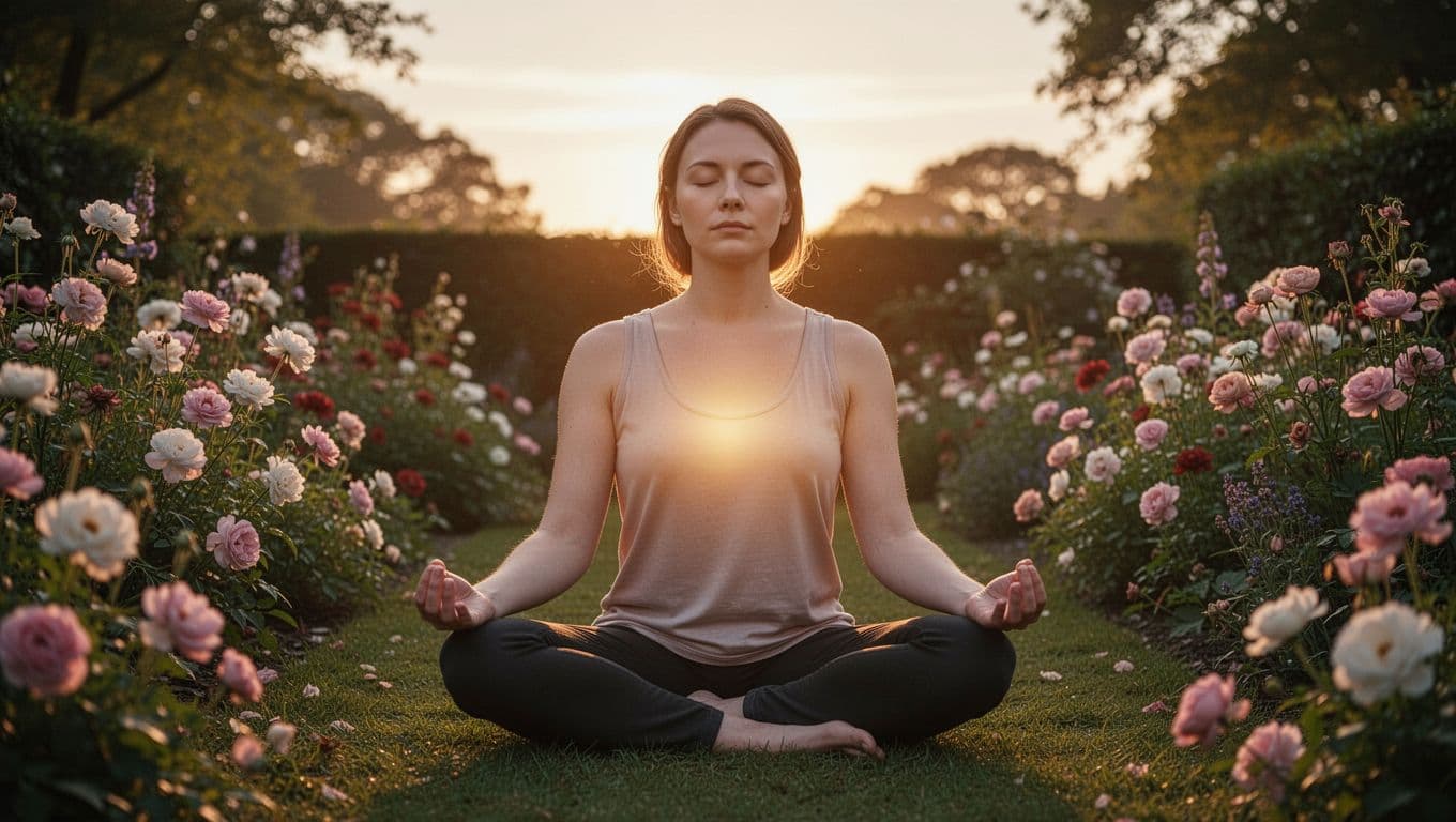 Person sits cross-legged in garden at sunrise, eyes closed in meditation with soft chest glow amid blooming flowers.